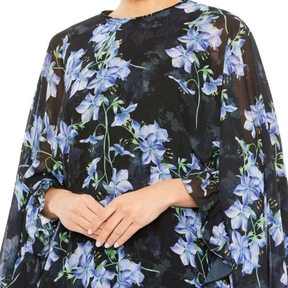 Ieena Mac Duggal Black Multi Floral Ruffle Cape Minidress